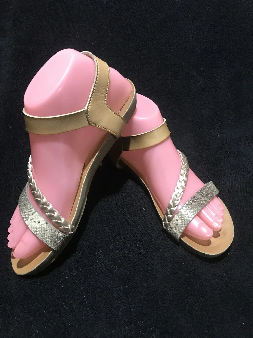 Blowfish Vegan Sandals Size 7M Tan Gold & Snakeskin Flats Shoes Slides